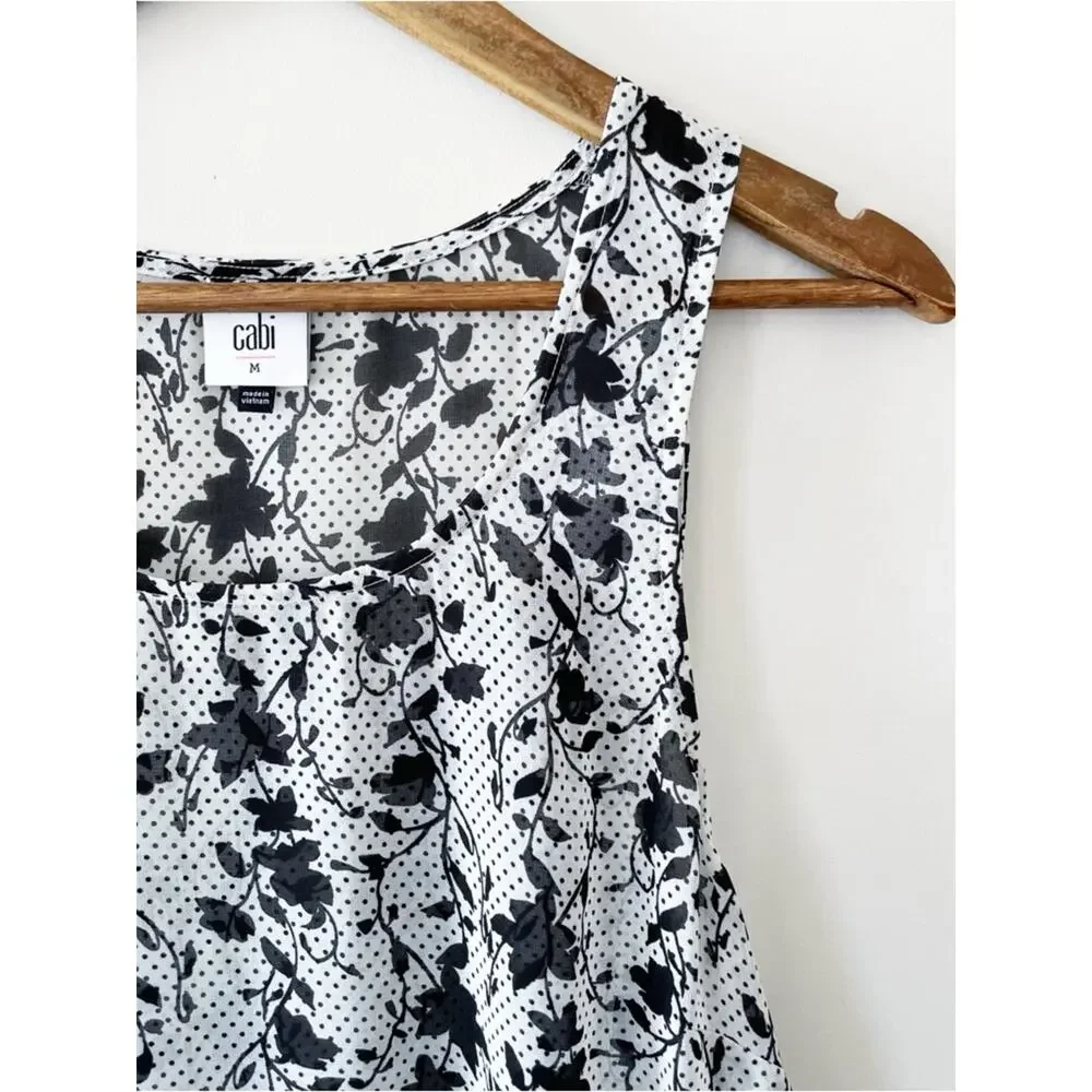 CAbi Black & White Floral Ruffle Tiered Tank Size Medium LIKE NEW